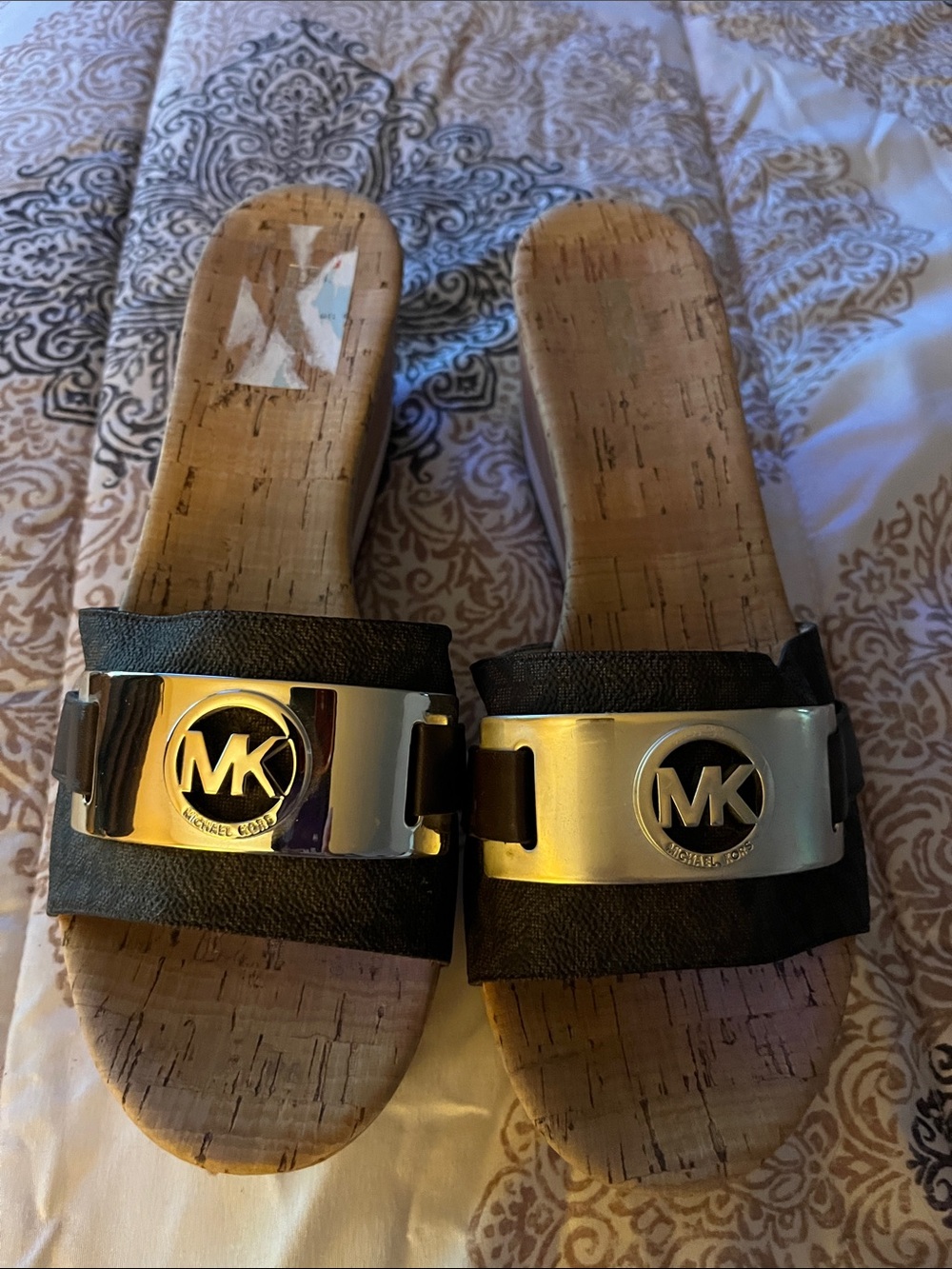 Michael Kors Black and Gold Logo Slide Sandals